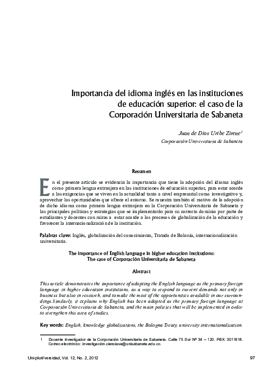(PDF) Importancia del idioma inglés en las instituciones de educación ...