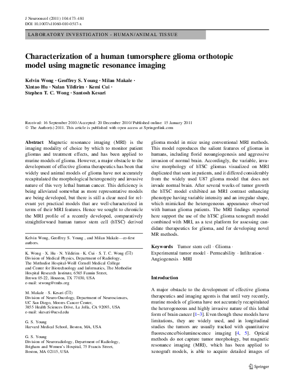 (PDF) Characterization of a human tumorsphere glioma orthotopic model ...