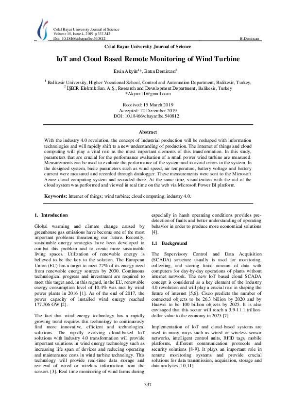 (PDF) IoT and Cloud Based Remote Monitoring of Wind Turbine