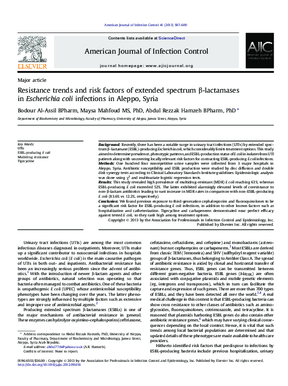 (PDF) Resistance trends and risk factors of extended spectrum β ...