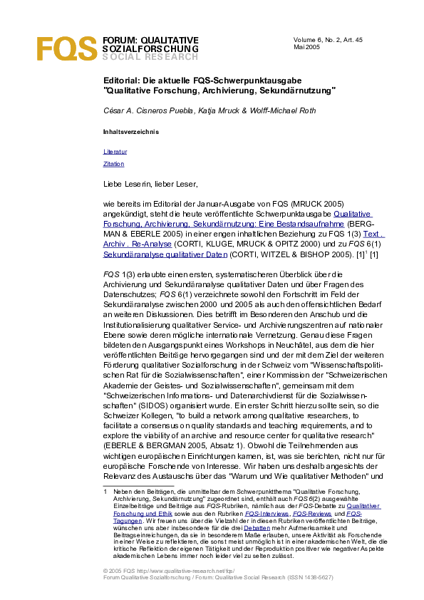 (PDF) Editorial: The FQS Issue on 