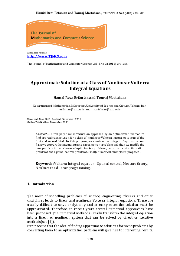 (PDF) Approximate Solution of a Class of Nonlinear Volterra Integral ...