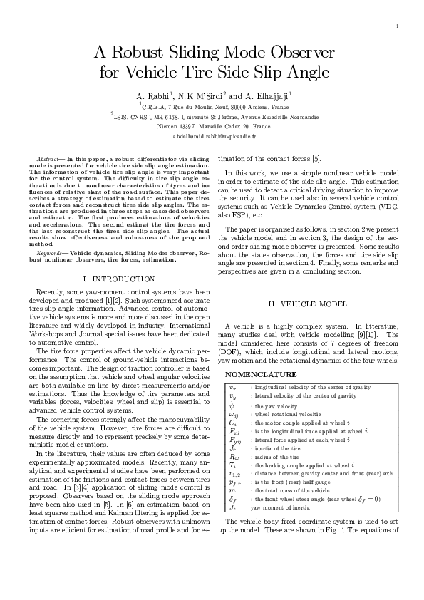 (PDF) A Robust Sliding Mode Observer for Vehicle Tire Side Slip Angle