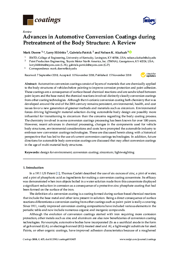 (PDF) Advances in Automotive Conversion Coatings during Pretreatment of ...