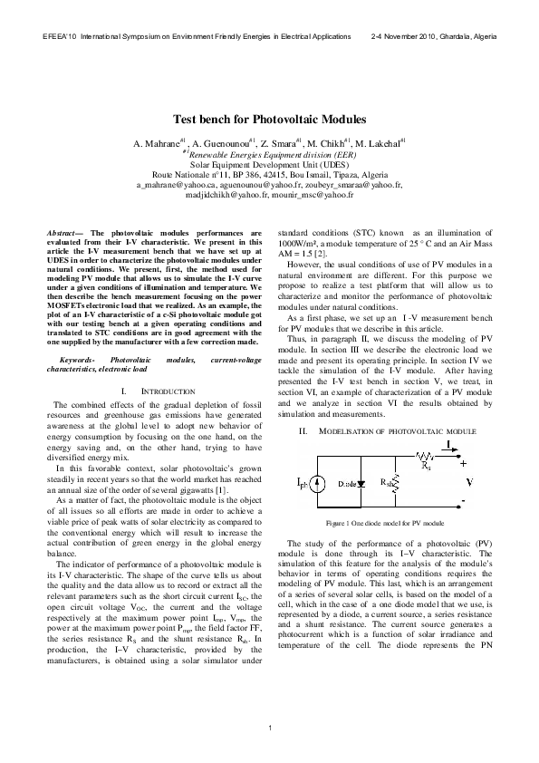 (PDF) Test bench for Photovoltaic Modules