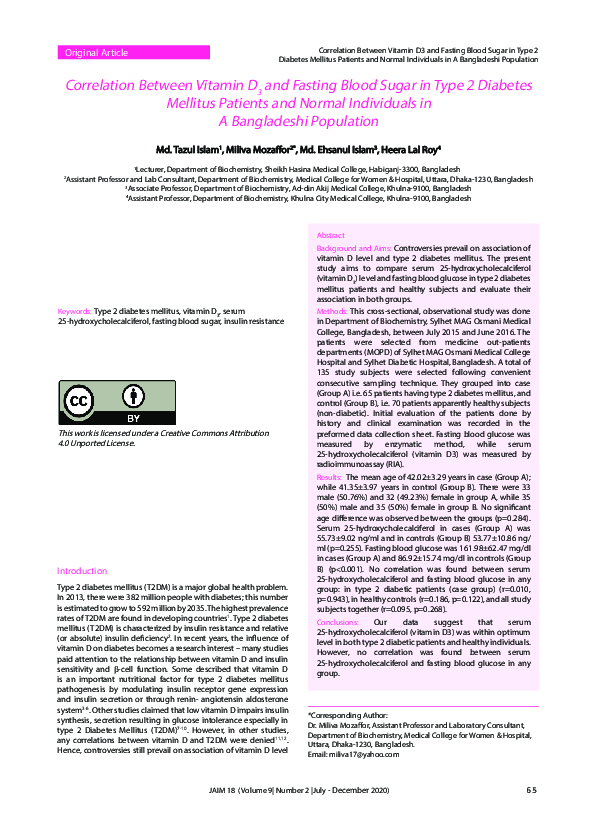 (PDF) Correlation Between Vitamin D3 and Fasting Blood Sugar in Type 2 ...