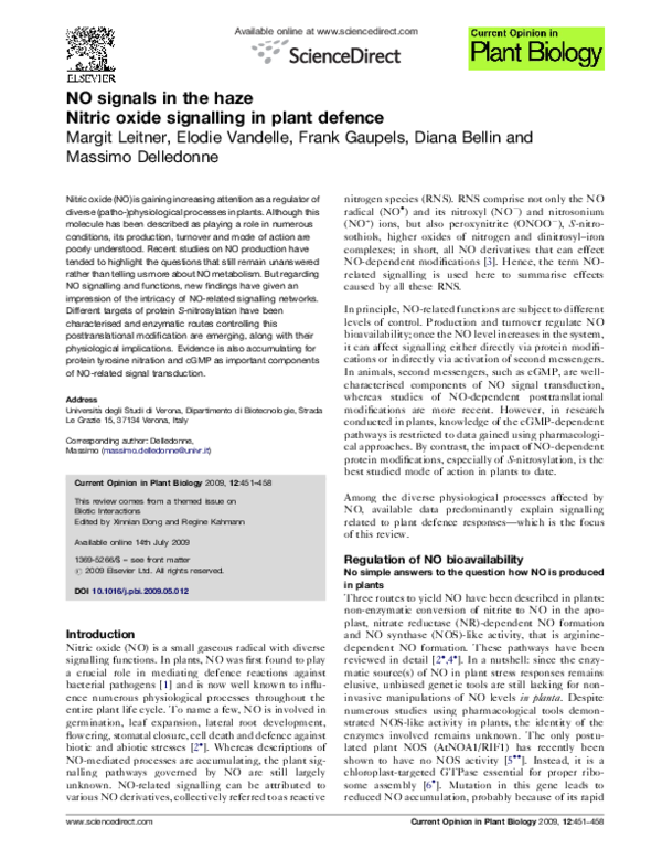 (PDF) NO signals in the haze:: Nitric oxide signalling in plant defence