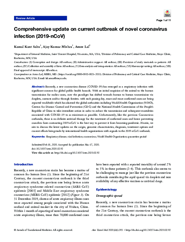 (PDF) Comprehensive update on current outbreak of novel coronavirus ...