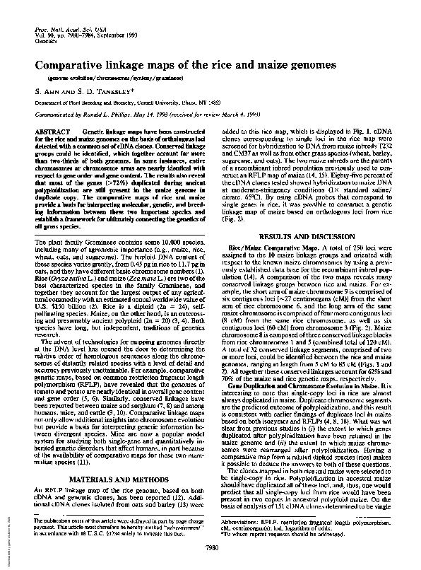 (PDF) Comparative linkage maps of the rice and maize genomes SangNag