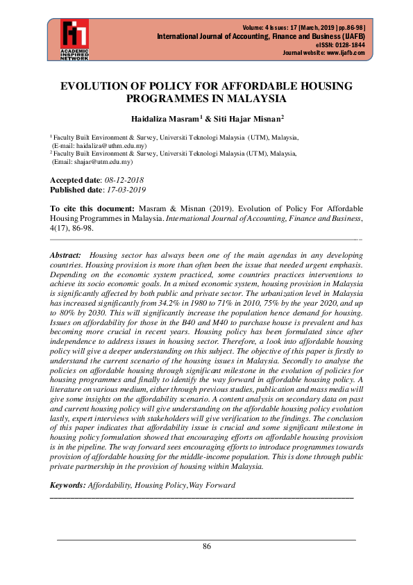 (PDF) Evolution of Policy for Affordable Housing Programmes in Malaysia