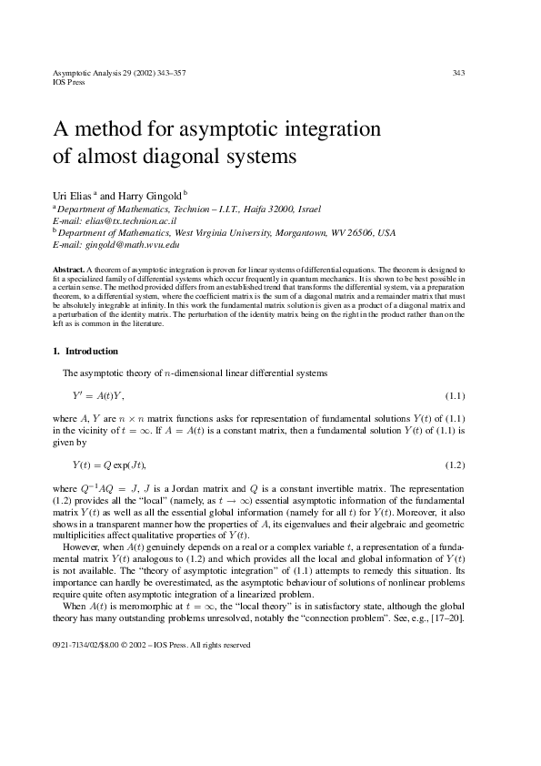 (PDF) A method for asymptotic integration of almost diagonal systems