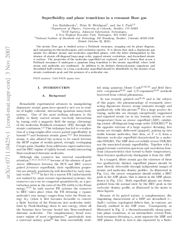 (PDF) Superfluidity and phase transitions in a resonant Bose gas