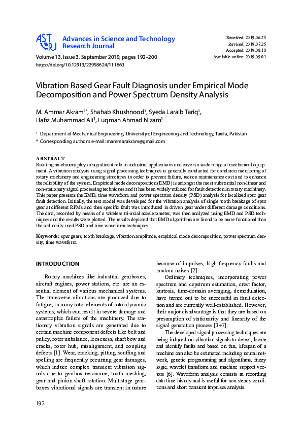 (PDF) Vibration Based Gear Fault Diagnosis under Empirical Mode ...