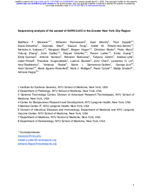 (PDF) Sequencing analysis of the spread of SARS-CoV2 in the Greater New ...