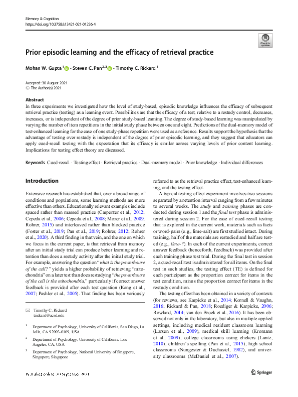 (PDF) Prior episodic learning and the efficacy of retrieval practice
