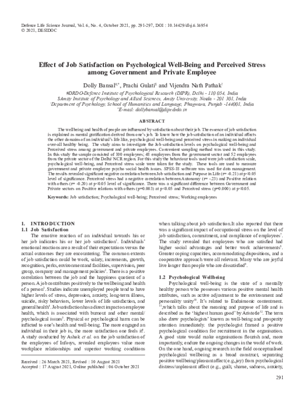 (PDF) Effect of Job Satisfaction on Psychological Well Being and ...