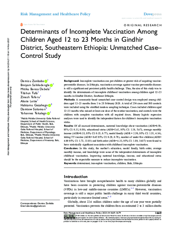 (PDF) Determinants of Incomplete Vaccination Among Children Aged 12 to ...