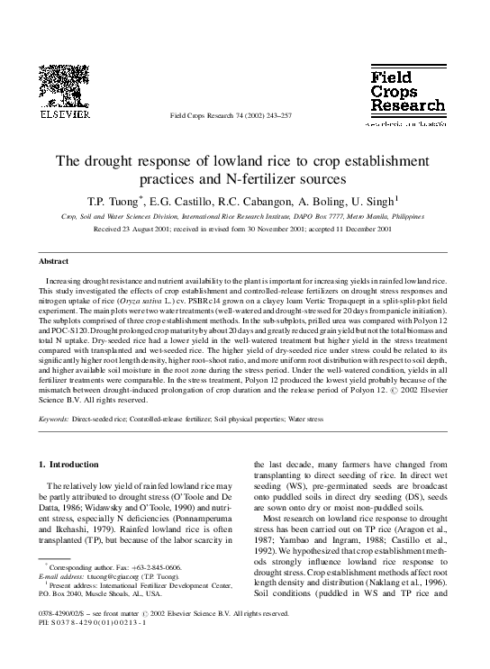 (PDF) The drought response of lowland rice to crop establishment ...