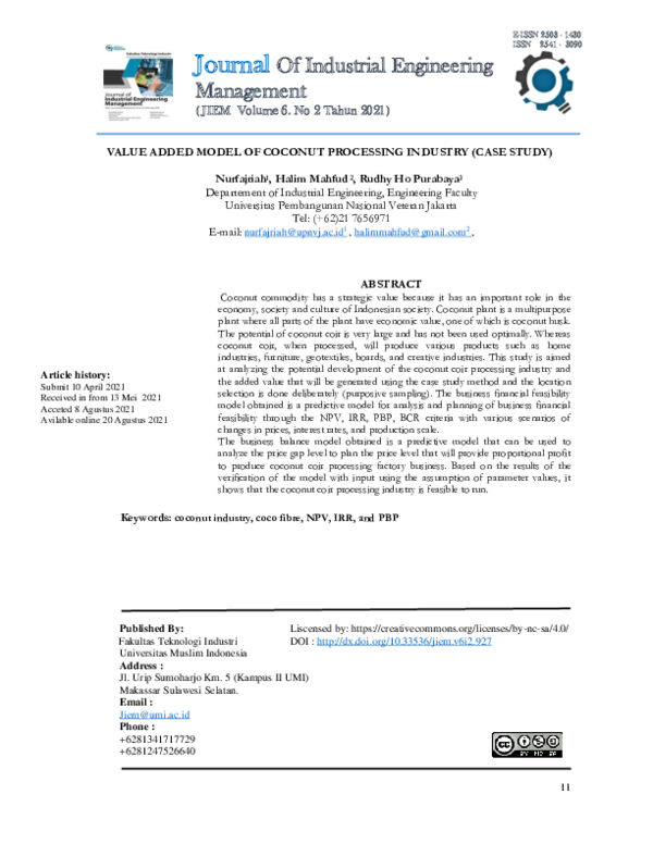 (PDF) Value Added Model of Coconut Processing Industry (Case Study)