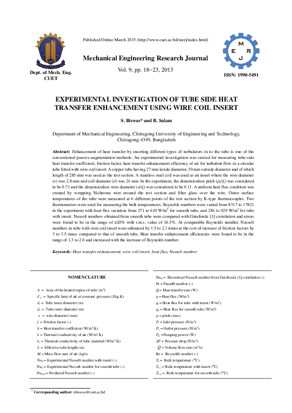 (PDF) Experimental investigation of tube side heat transfer enhancement ...