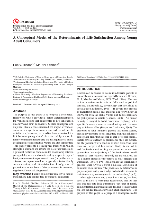 (PDF) A Conceptual Model of the Determinants of Life Satisfaction Among ...