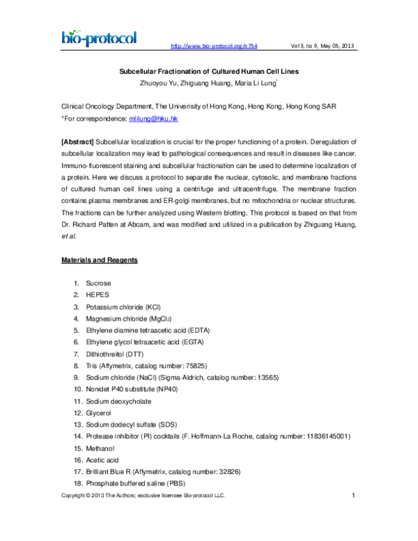 (PDF) Subcellular Fractionation of Cultured Human Cell Lines