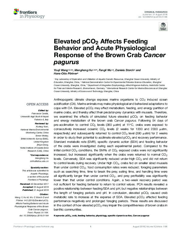 (PDF) Elevated pCO2 Affects Feeding Behavior and Acute Physiological ...