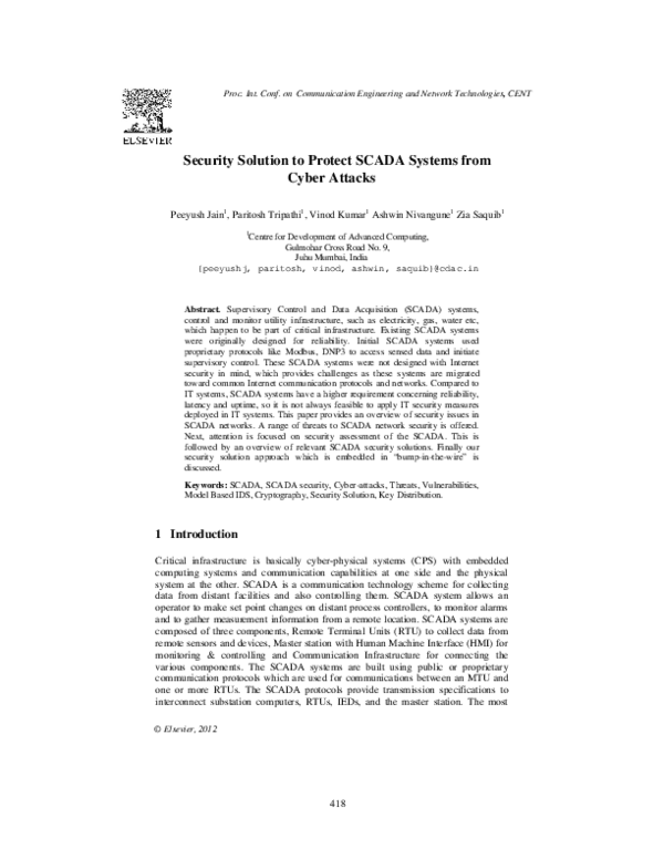 (PDF) Security Solution to Protect SCADA Systems from Cyber Attacks