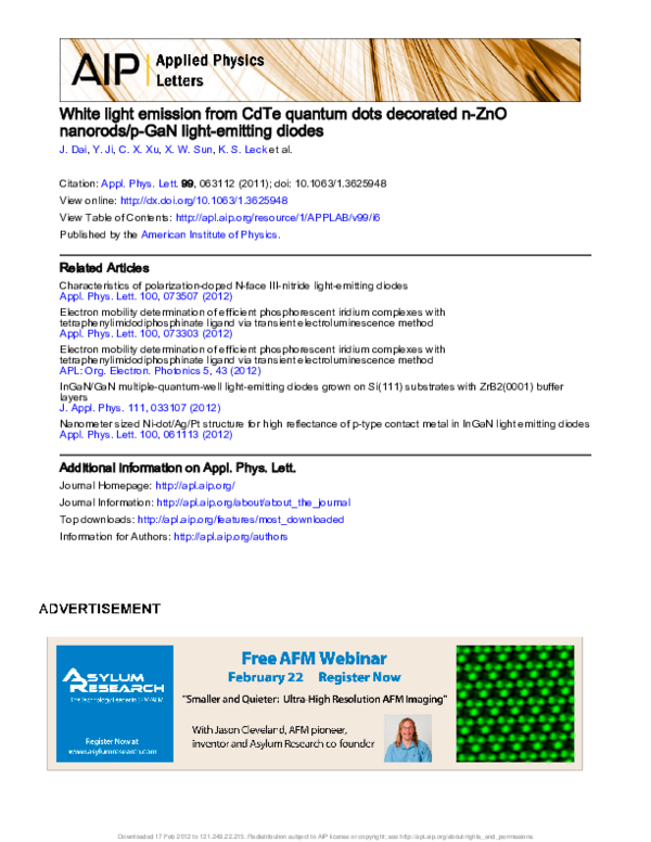 (PDF) White light emission from CdTe quantum dots decorated n-ZnO ...