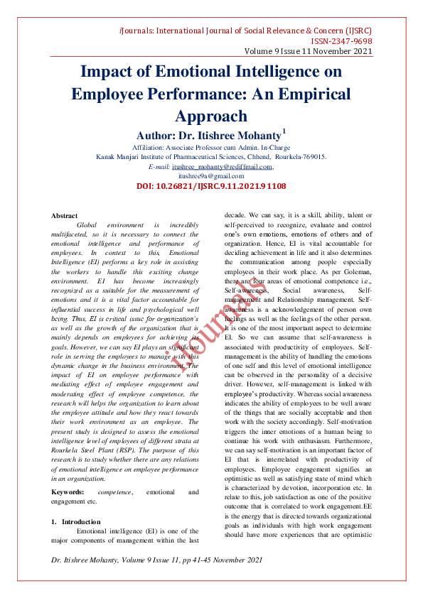 (PDF) Impact of Emotional Intelligence on Employee Performance: An ...