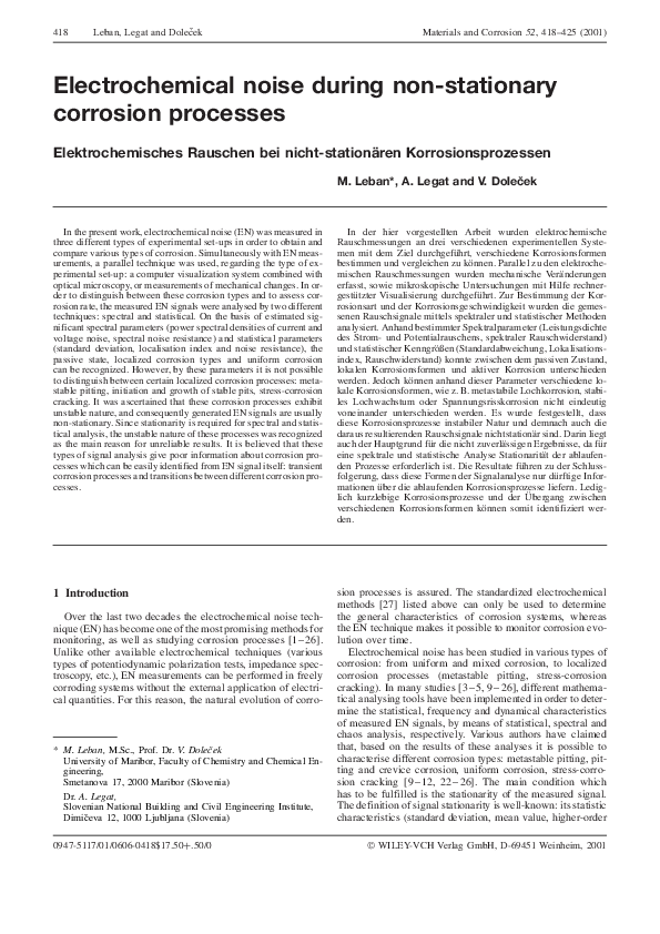 (PDF) Electrochemical noise during nonstationary corrosion processes