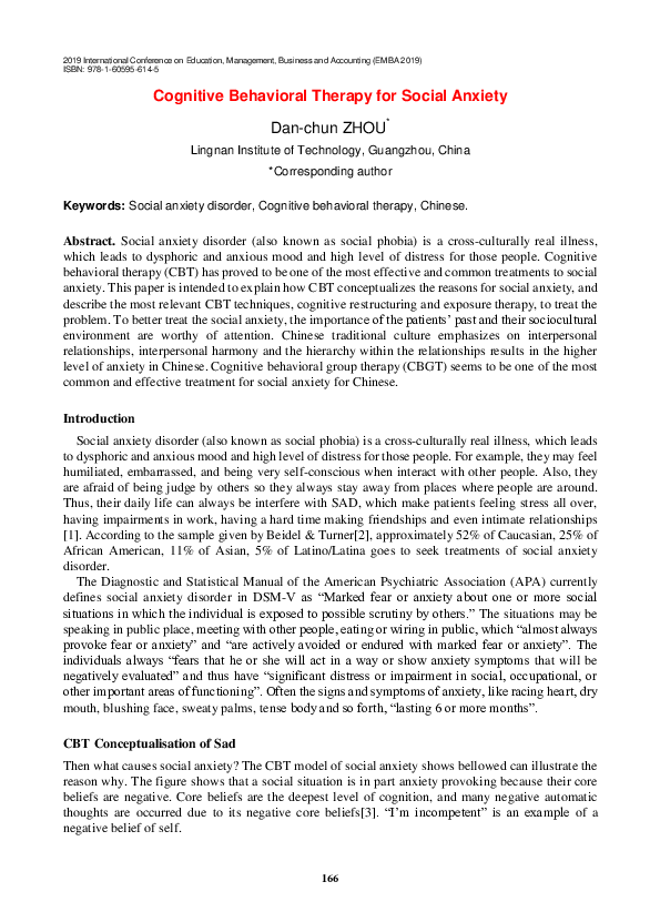(PDF) Cognitive-behavioral therapy for social anxiety disorder: current ...