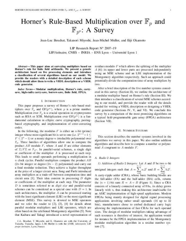 (PDF) Horner's Rule-Based Multiplication over Fp and Fpn: A Survey