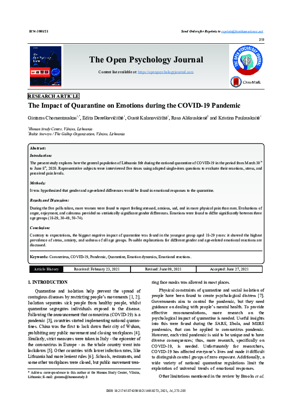 (PDF) The Impact of Quarantine on Emotions during the COVID-19 Pandemic