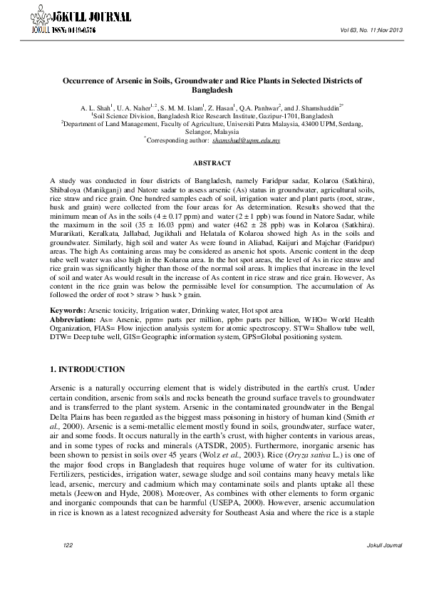 (PDF) Occurrence of arsenic in soils, groundwater and rice plants in ...