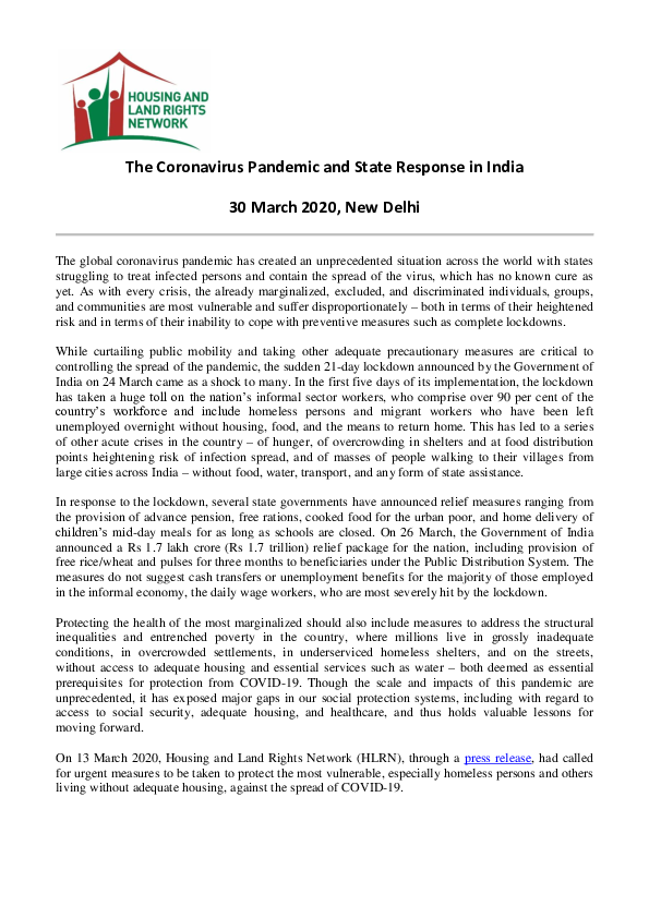 (PDF) The Coronavirus Pandemic and State Response in India