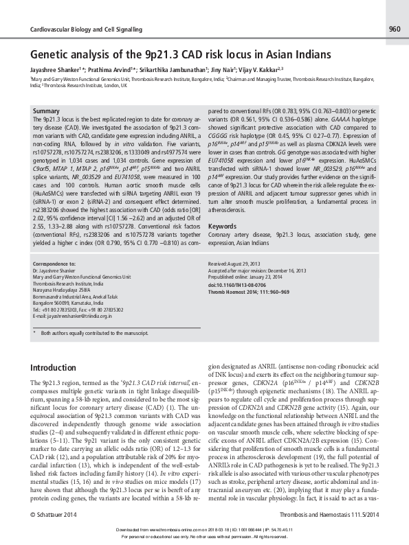 (PDF) Genetic analysis of the 9p21.3 CAD risk locus in Asian Indians