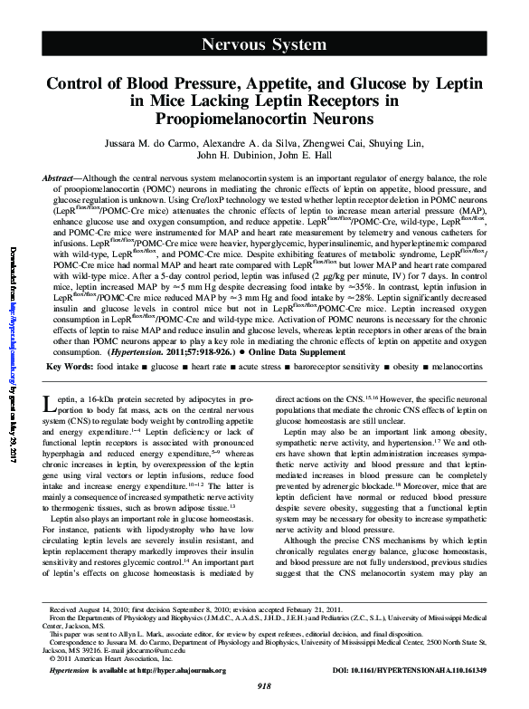(PDF) Control of Blood Pressure, Appetite, and Glucose by Leptin in ...