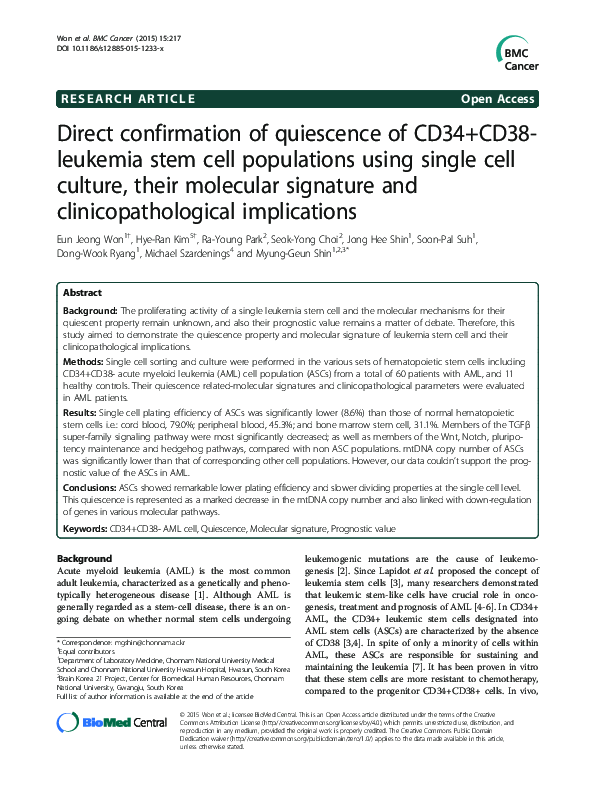 (PDF) Direct confirmation of quiescence of CD34+CD38 leukemia stem