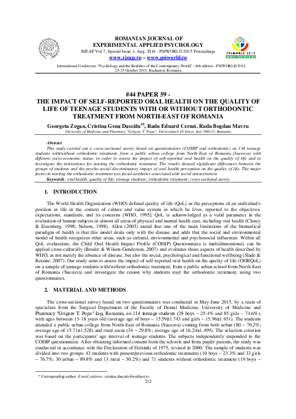 (PDF) The impact of self-reported oral health on the quality of life of ...