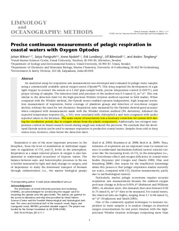 (PDF) Precise continuous measurements of pelagic respiration in coastal ...