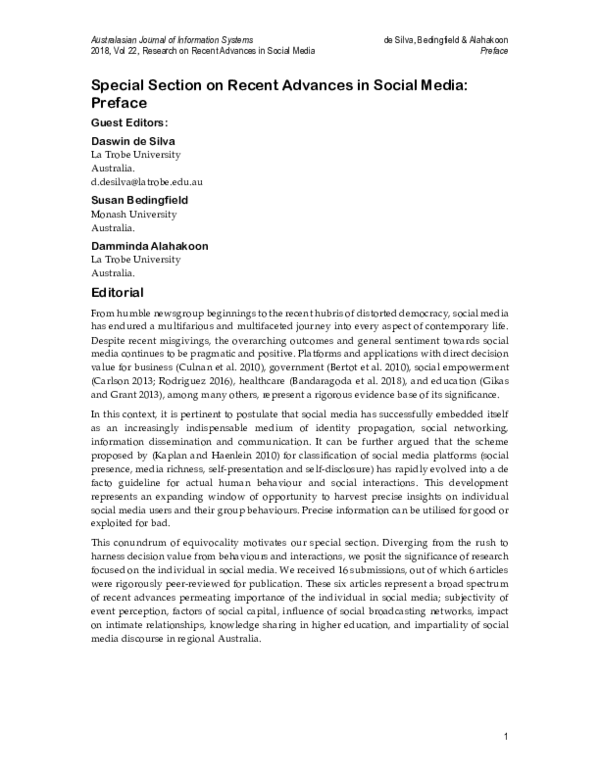 (PDF) Preface to the Special Section on Recent Advances in Social Media