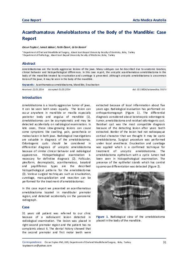 (PDF) Acanthamatous Ameloblastoma of the Body of the Mandible Case