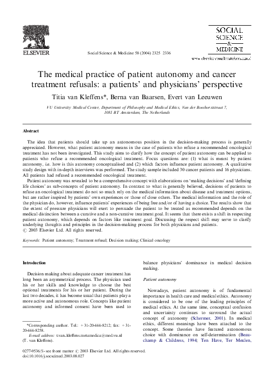 (PDF) The medical practice of patient autonomy and cancer treatment ...