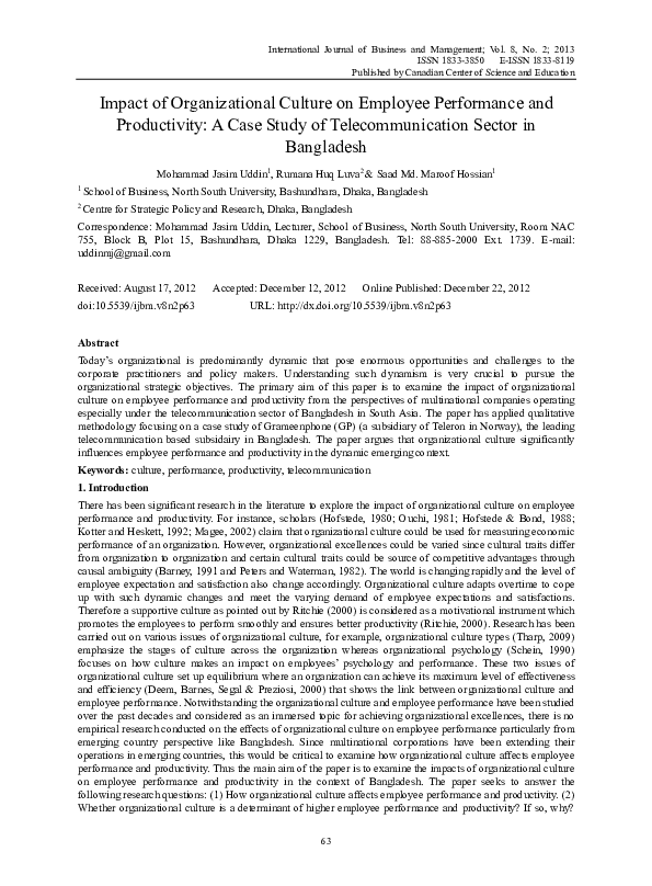 (PDF) Impact of Organizational Culture on Employee Performance and ...