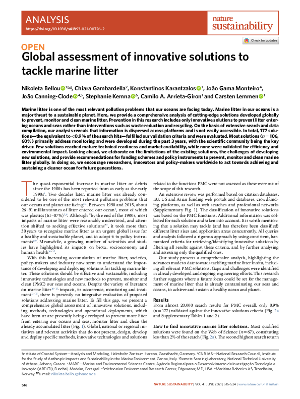 (PDF) Global assessment of innovative solutions to tackle marine litter