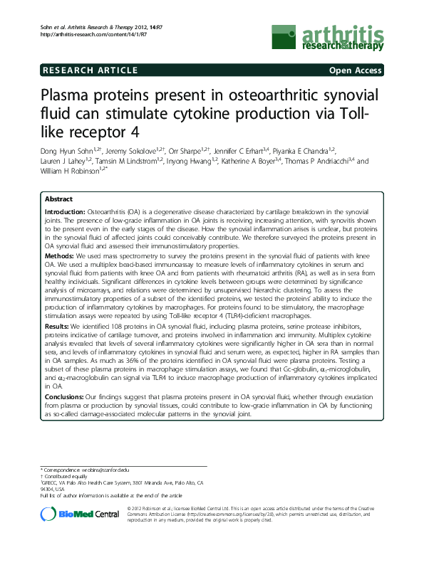 (PDF) Plasma proteins present in osteoarthritic synovial fluid can ...