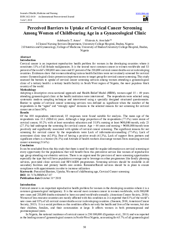 (PDF) Perceived Barriers to Uptake of Cervical Cancer Screening Among ...