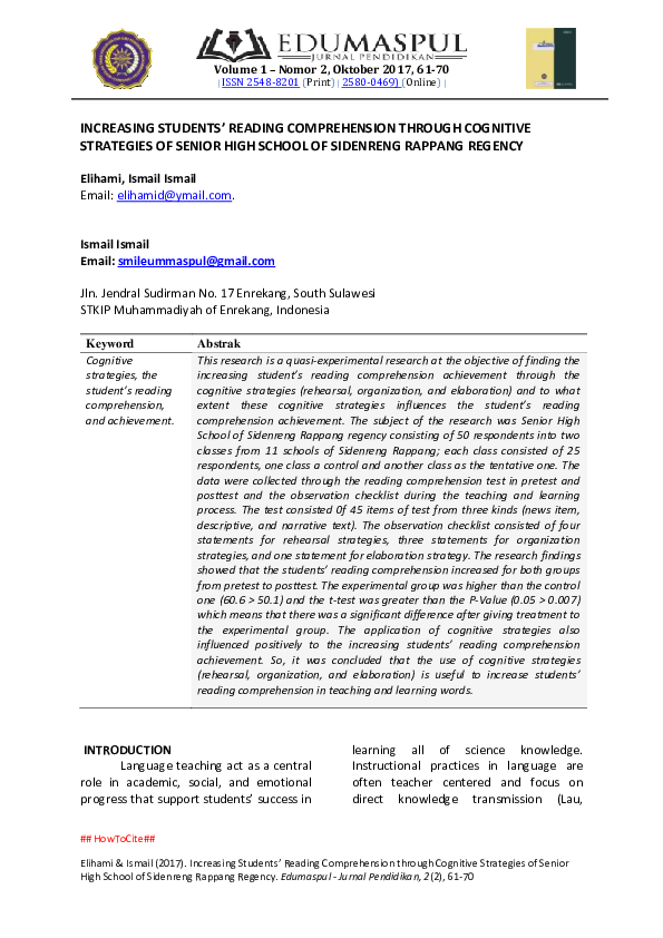 (PDF) Increasing Students’ Reading Comprehension Through Cognitive ...