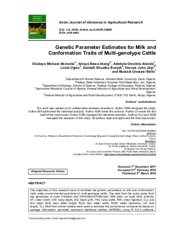 (PDF) Genetic Parameter Estimates for Milk and Conformation Traits of ...